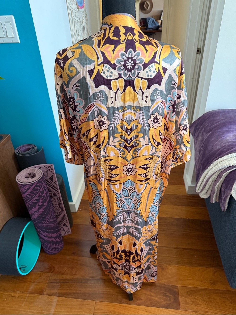 Women's Floral Print Long Kimono Robe - Yellow Multi - Picture 2 of 3